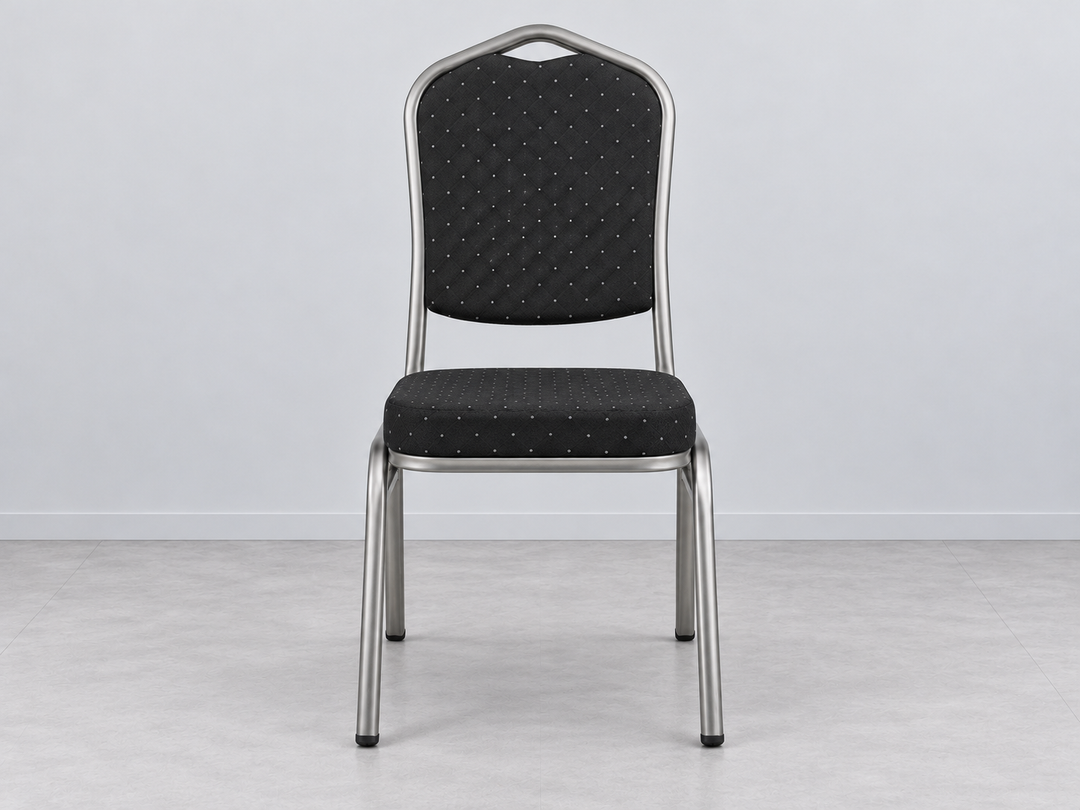Banquet Chairs category — front view of a black upholstered chair with silver frame