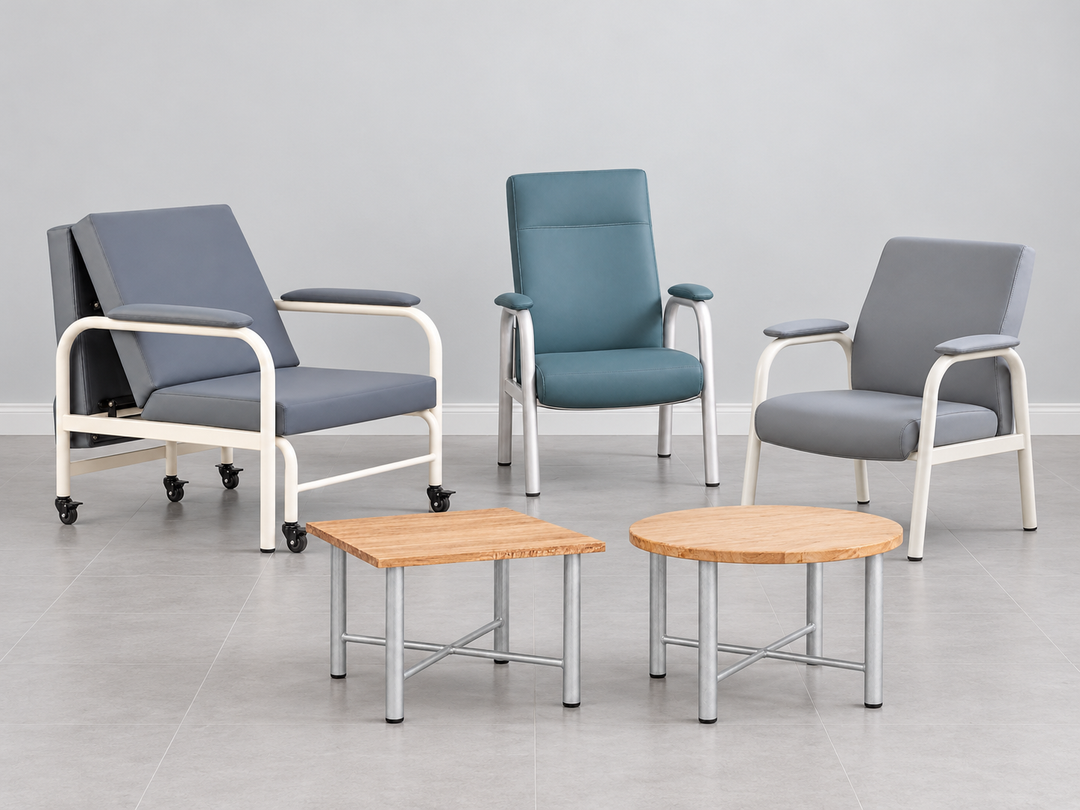 Hospital furniture assortment: caregiver sofa bed, high-back and low-back waiting chairs, square and round coffee tables