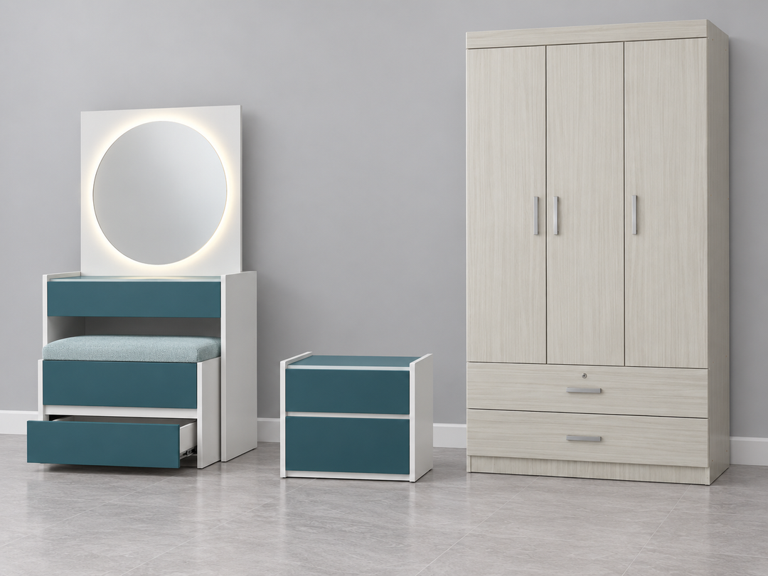 Bedroom furniture assortment: actual SOLUNA 6 nightstand and dressing table with ELIFEL three-door wardrobe