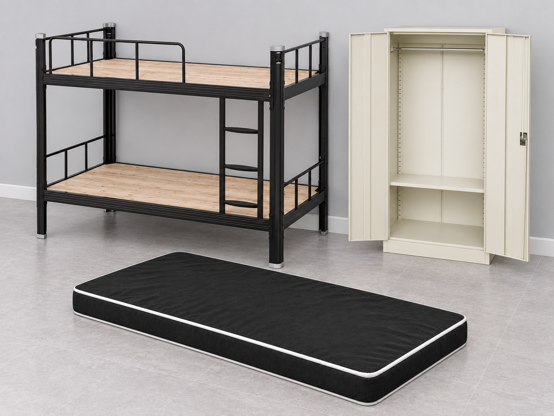 Hostel Furniture assortment: actual DD-LS02 bunk bed, two-door steel locker and Rebond 304 Flex single mattress