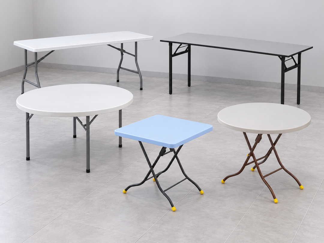 Folding Tables assortment: rectangular and round HDPE tables, rectangular folding table, square and round plastic folding tables