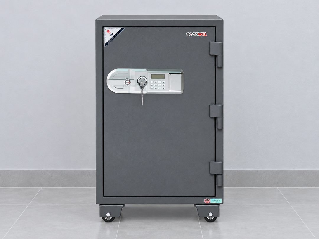 Goodwill Safe — dark grey digital safe with castor wheels