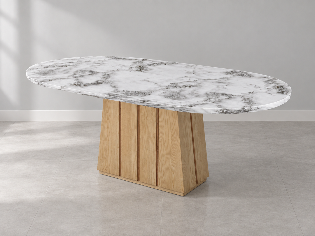 Oval Marble Dining Table 2.1×1.1m | Ash Wood Panel Base — Lian Star collection