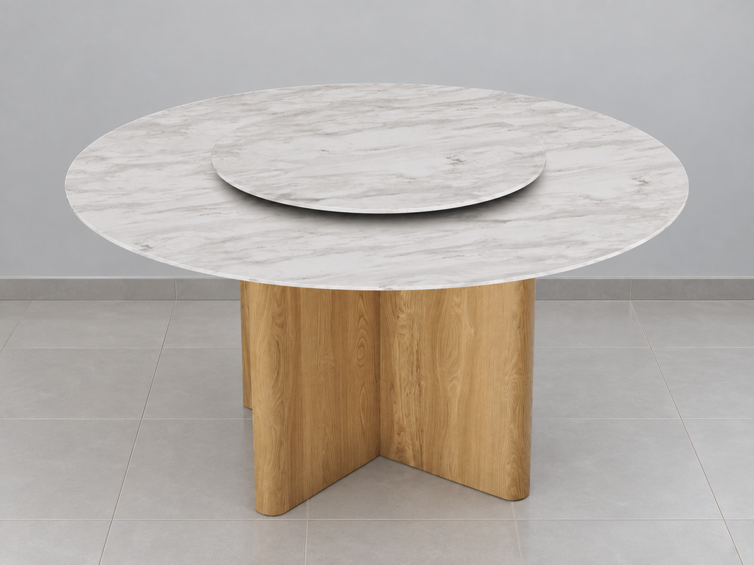 Round Marble Dining Table Ø1.5m | Nava Ash Wood Cross Base — Lian Star collection
