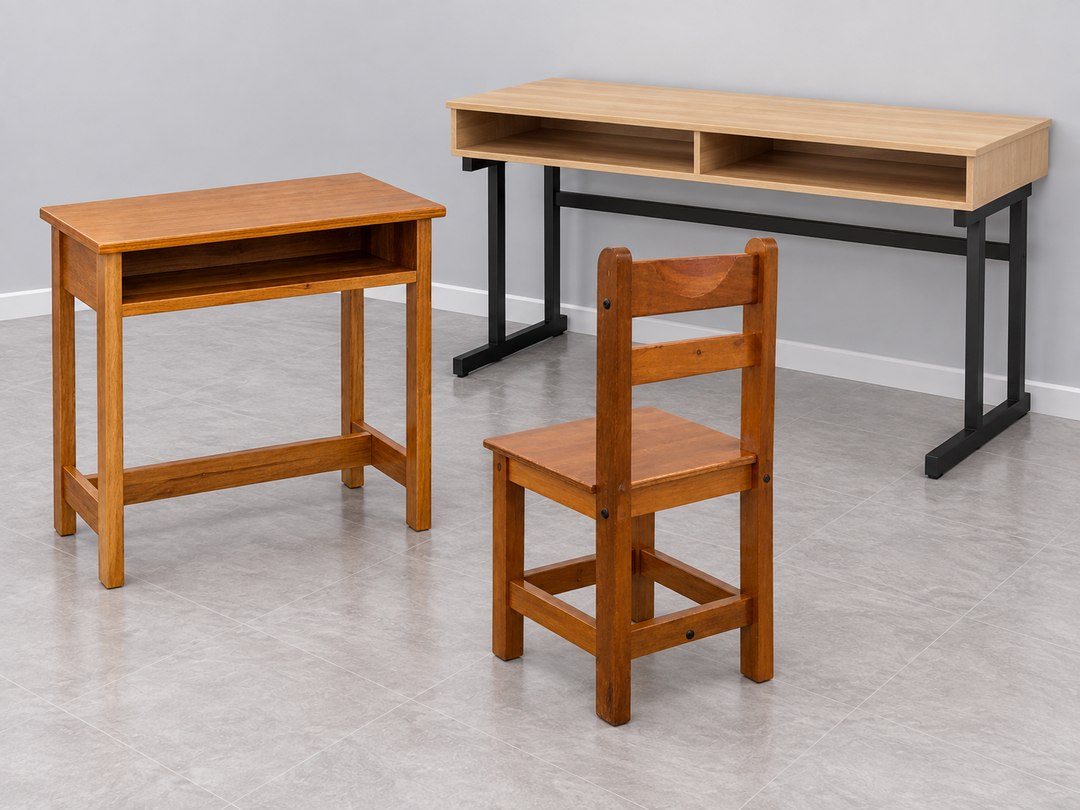 School & Library assortment: actual wooden school chair, individual wooden school desk and two-pax steel-frame study table