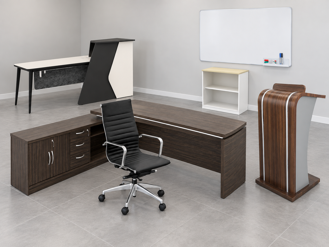 Office assortment: actual MARS desk, APEX chair, B filing cabinet, MONO FRAME whiteboard, Elite rostrum and MONOCHROME reception counter