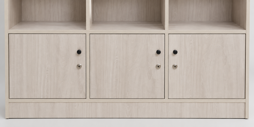 RUANG 9-Compartment Bookshelf with 3 Doors - Light Oak - feature