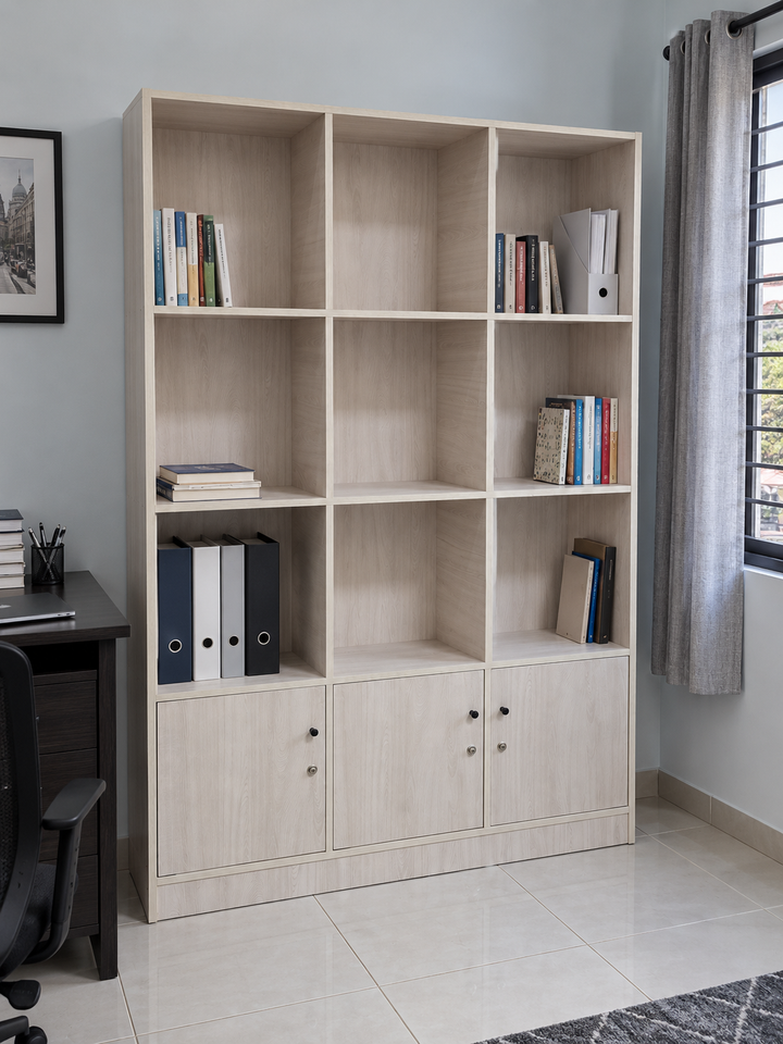RUANG 9-Compartment Bookshelf with 3 Doors - Light Oak - lifestyle