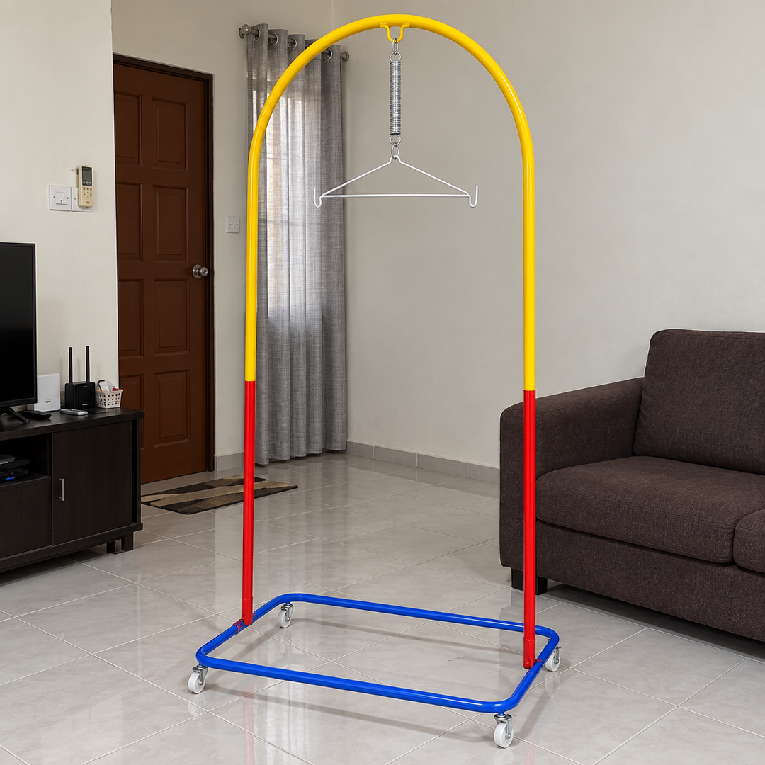OHU spring cot stand in a Malaysian living room, without sarong.