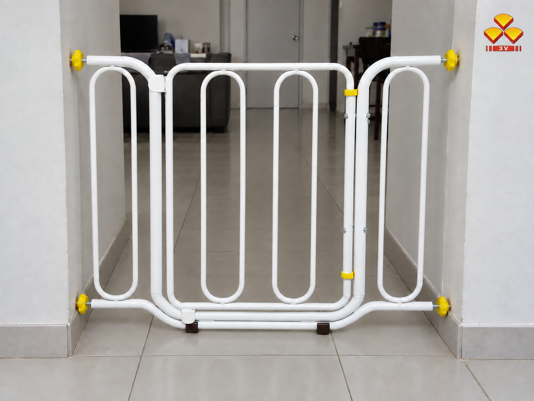 3 ft 3V Babson white baby gate with 3V logo.