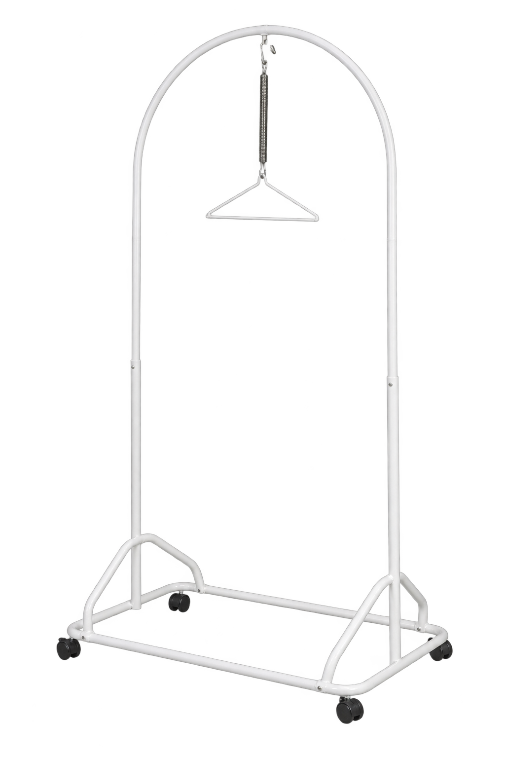 White baby spring cot stand with castor wheels, spring and hanger; sarong not included.