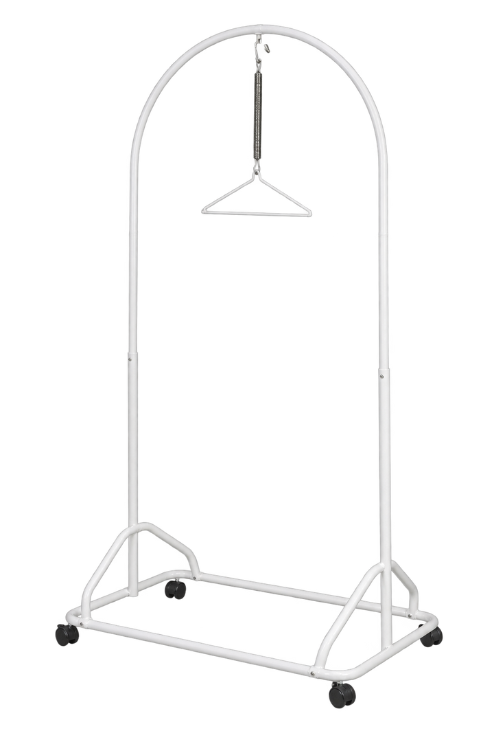 White baby spring cot stand with castor wheels, spring and hanger; sarong not included.