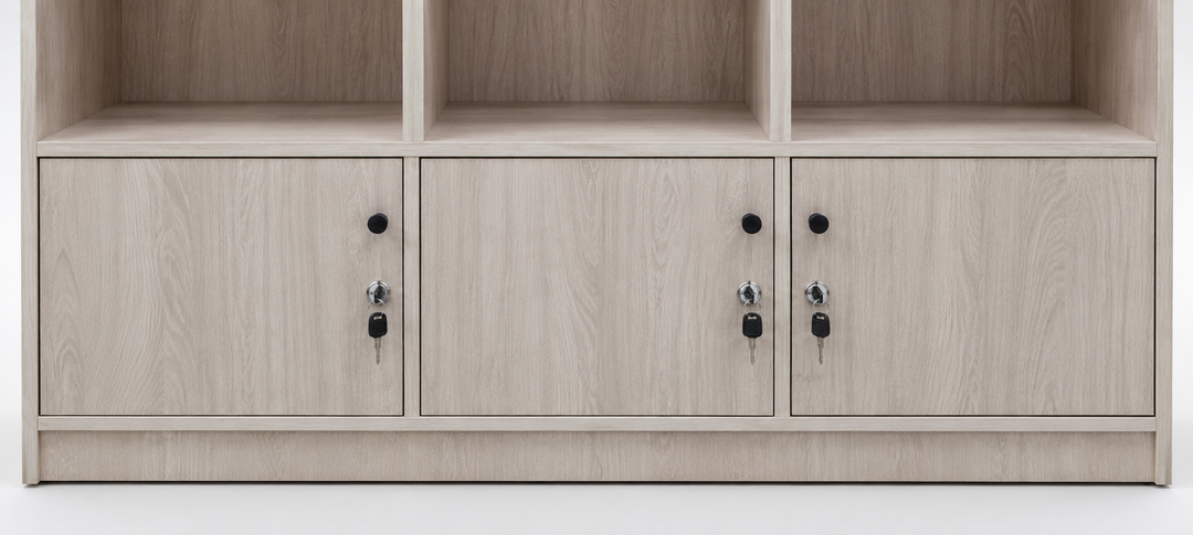 RUANG 6-Compartment Bookshelf with 3 Doors - Light Oak - feature