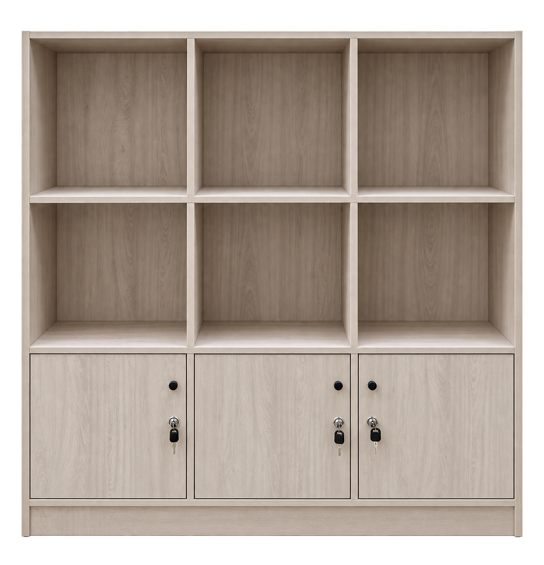 RUANG 6-Compartment Bookshelf with 3 Doors - Light Oak - hero