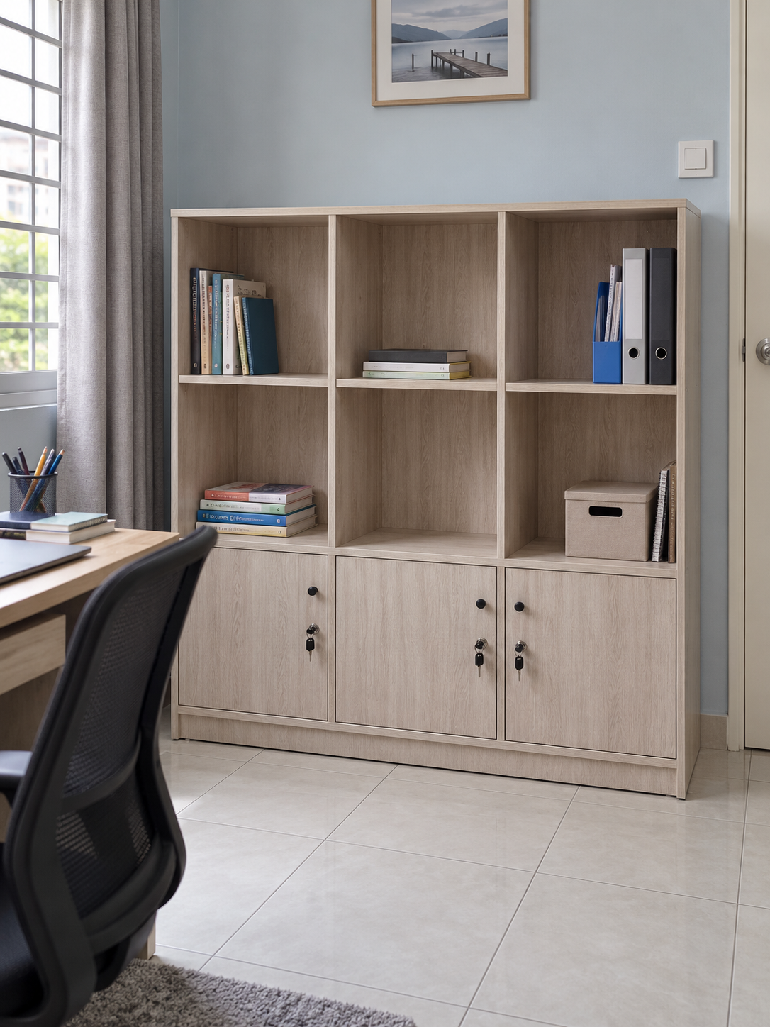 RUANG 6-Compartment Bookshelf with 3 Doors - Light Oak - lifestyle