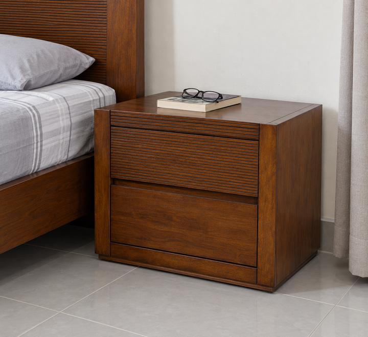 Rimba Wooden Bedside Table in a Malaysian bedroom