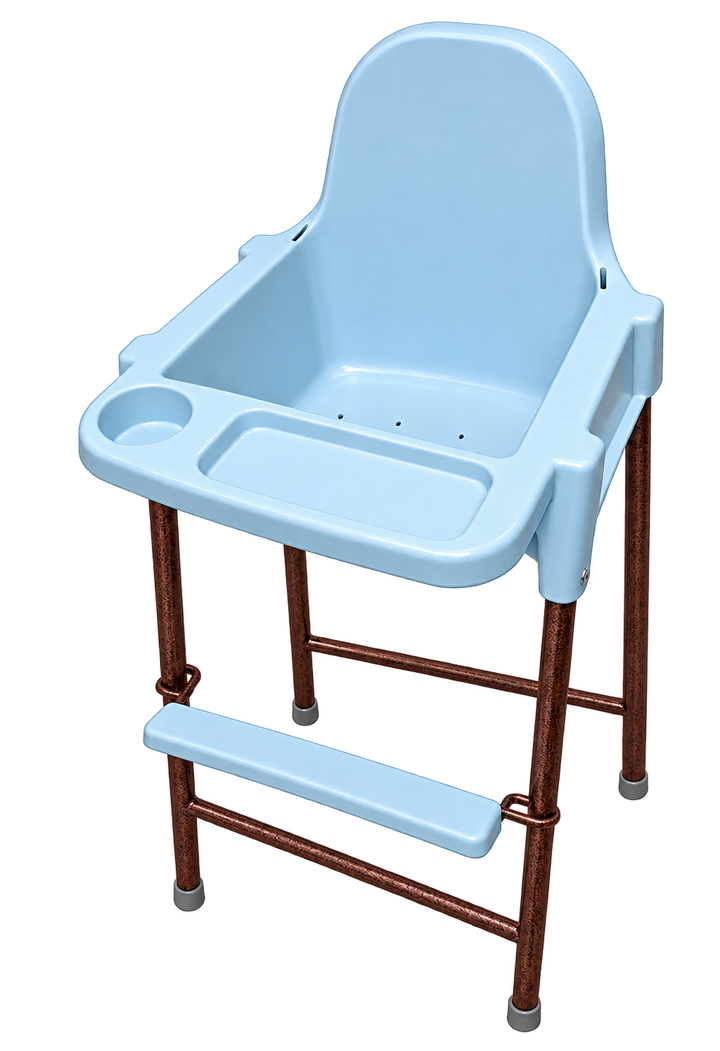 Light blue baby dining chair with copper hammertone legs - hero