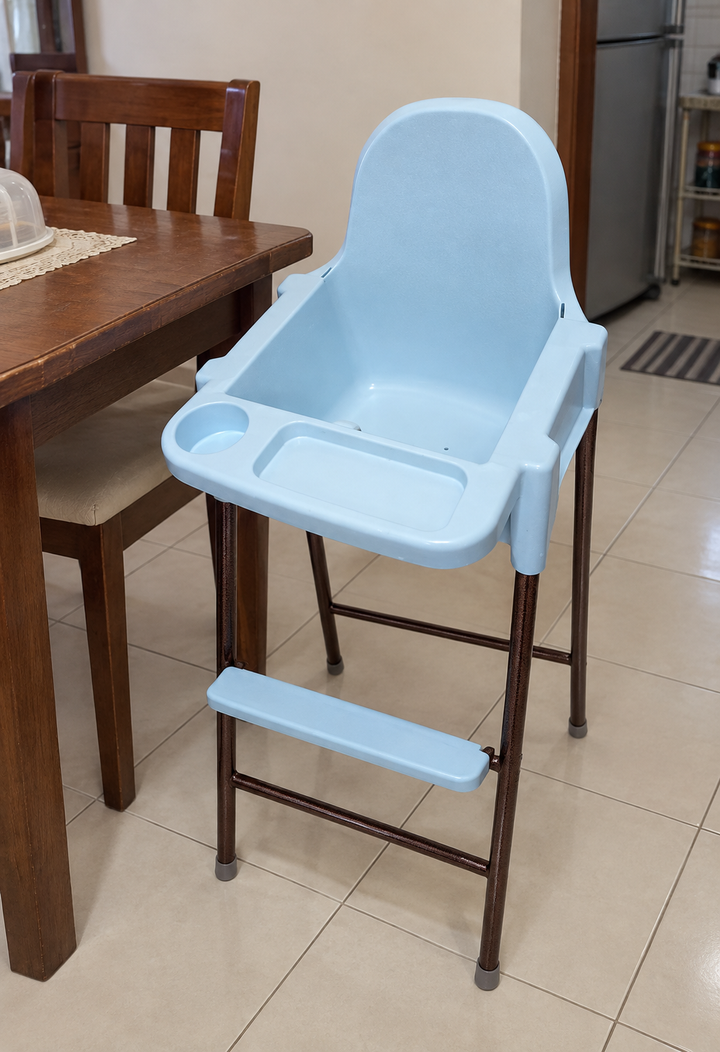 Light blue baby dining chair with copper hammertone legs - lifestyle