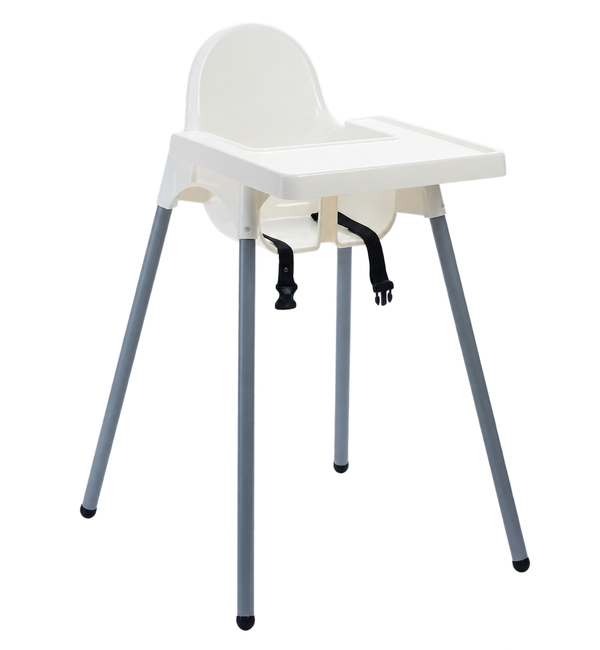 White FCI baby chair with fitted tray.