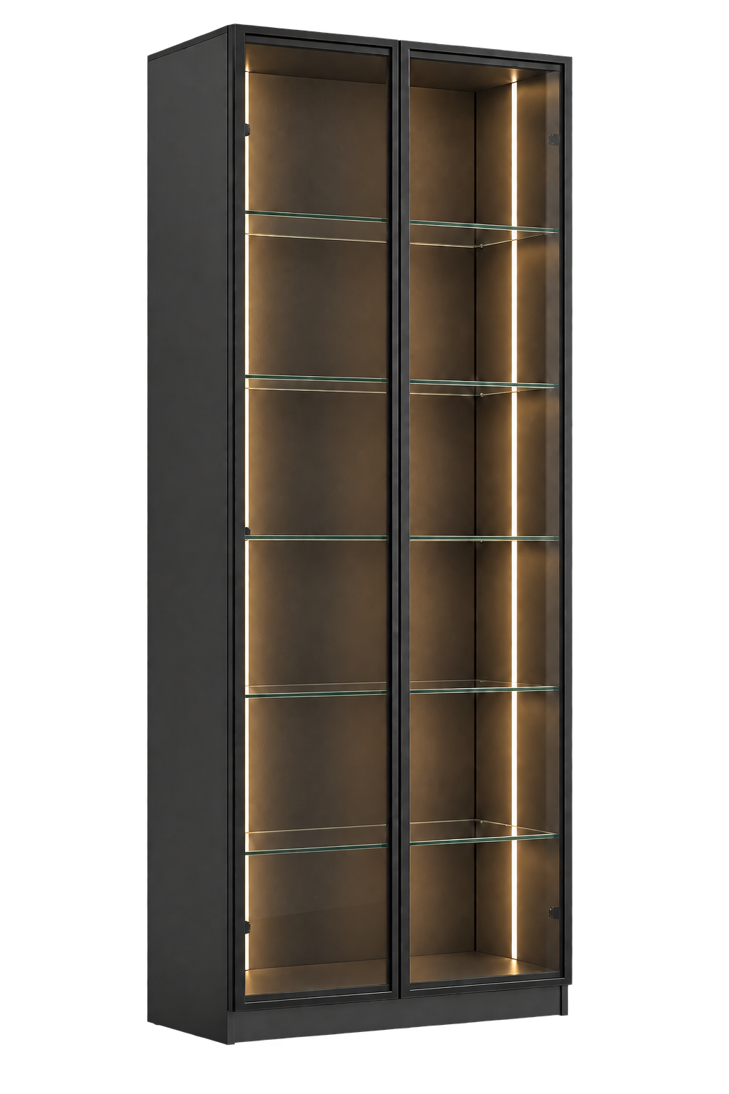Black LED glass display cabinet on transparent background