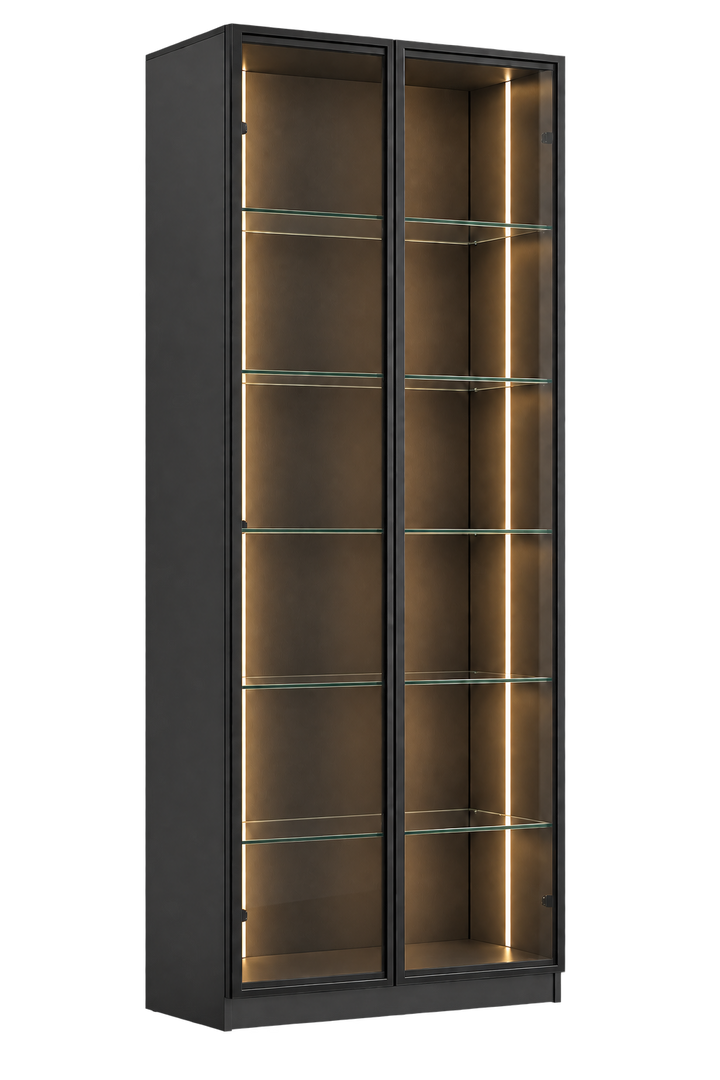 Black LED glass display cabinet on transparent background
