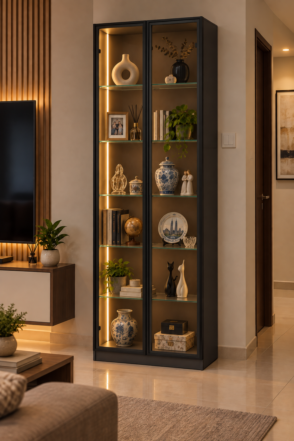 Black LED glass display cabinet in a Malaysian home interior