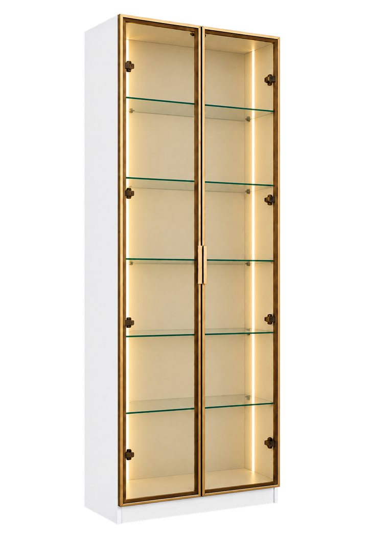 Gold LED glass display cabinet on transparent background
