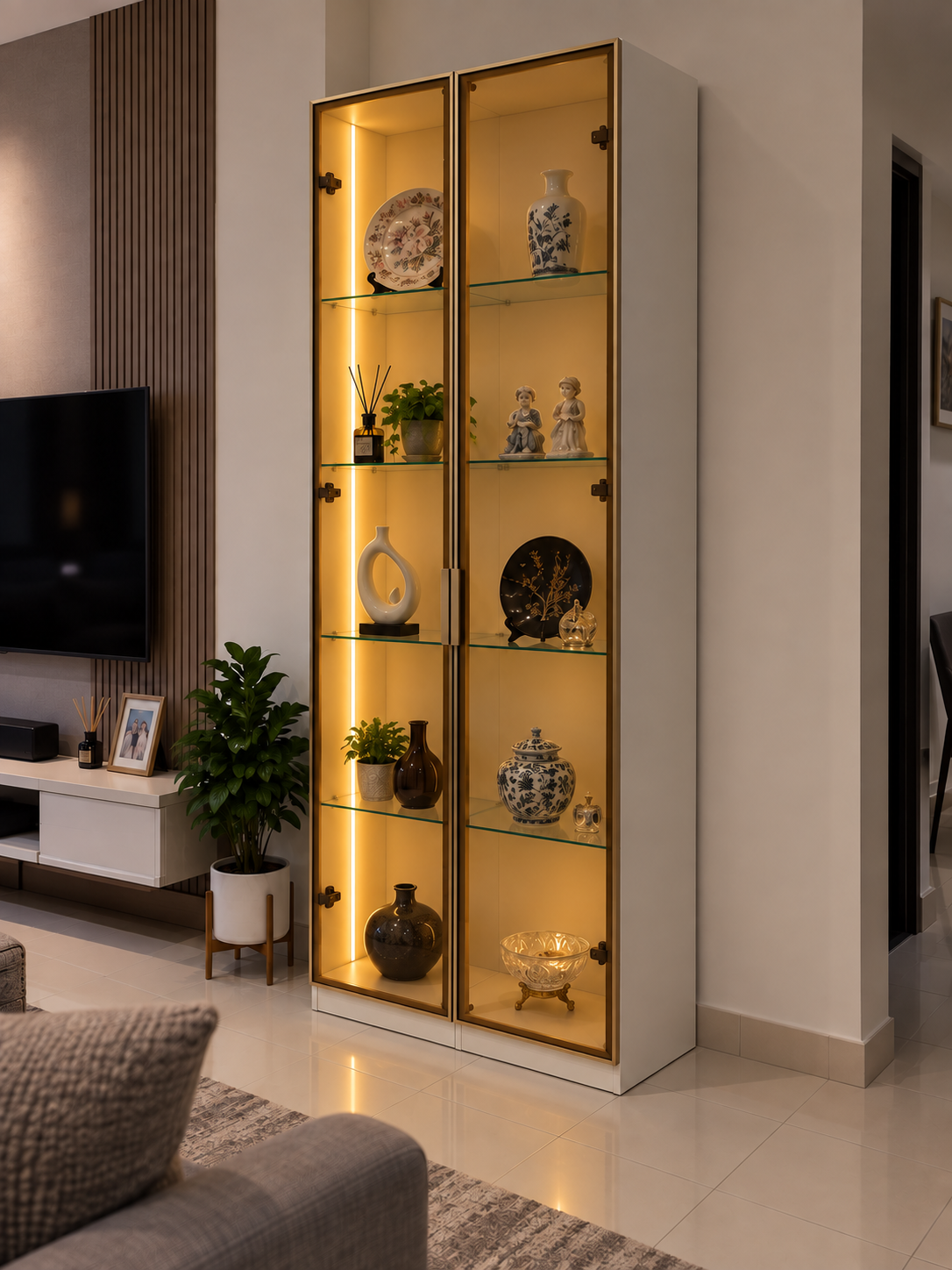 Gold LED glass display cabinet in a Malaysian home interior