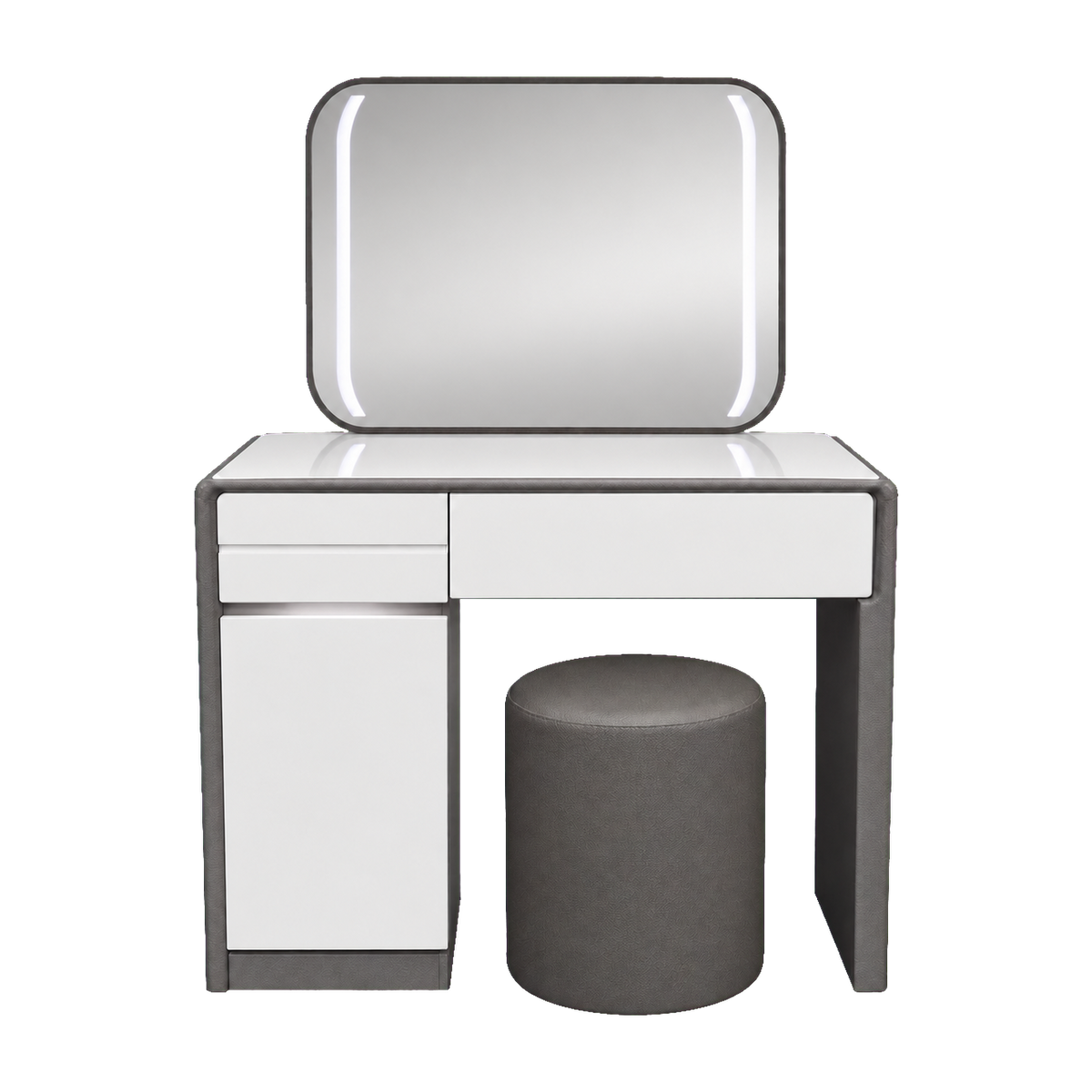 White Luna dressing table with side LED mirror, storage and stool – transparent hero