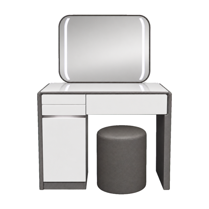 White Luna dressing table with side LED mirror, storage and stool – transparent hero