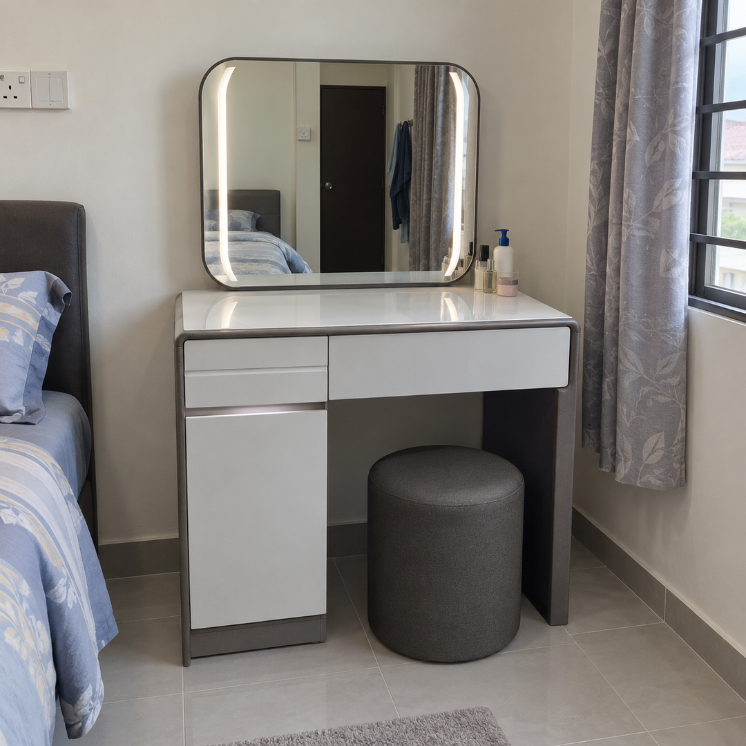 Luna White Dressing Table with LED Mirror &amp; Storage — Malaysian lifestyle