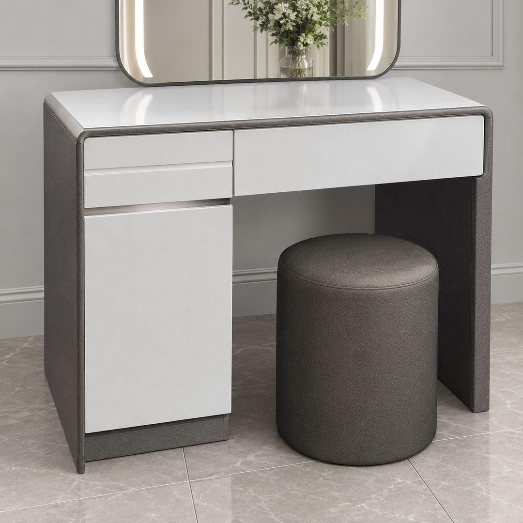 White drawer and lower cupboard storage on Luna dressing table