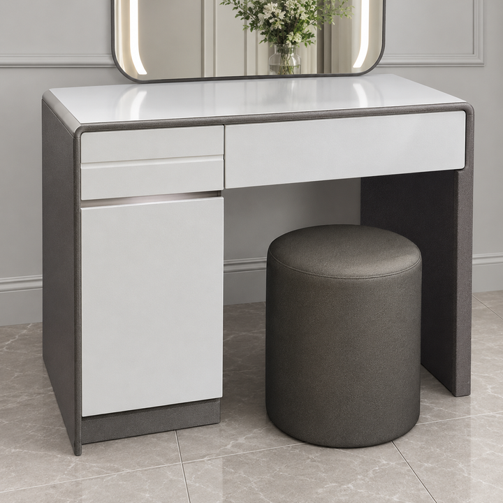 White drawer and lower cupboard storage on Luna dressing table