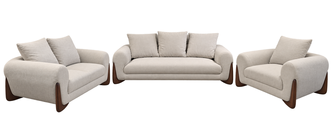 Rounded-arm fabric sofa complete 1+2+3 set on transparent background