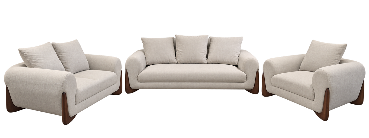 Rounded-arm fabric sofa complete 1+2+3 set on transparent background