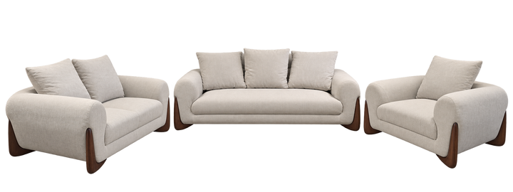 Rounded-arm fabric sofa complete 1+2+3 set on transparent background