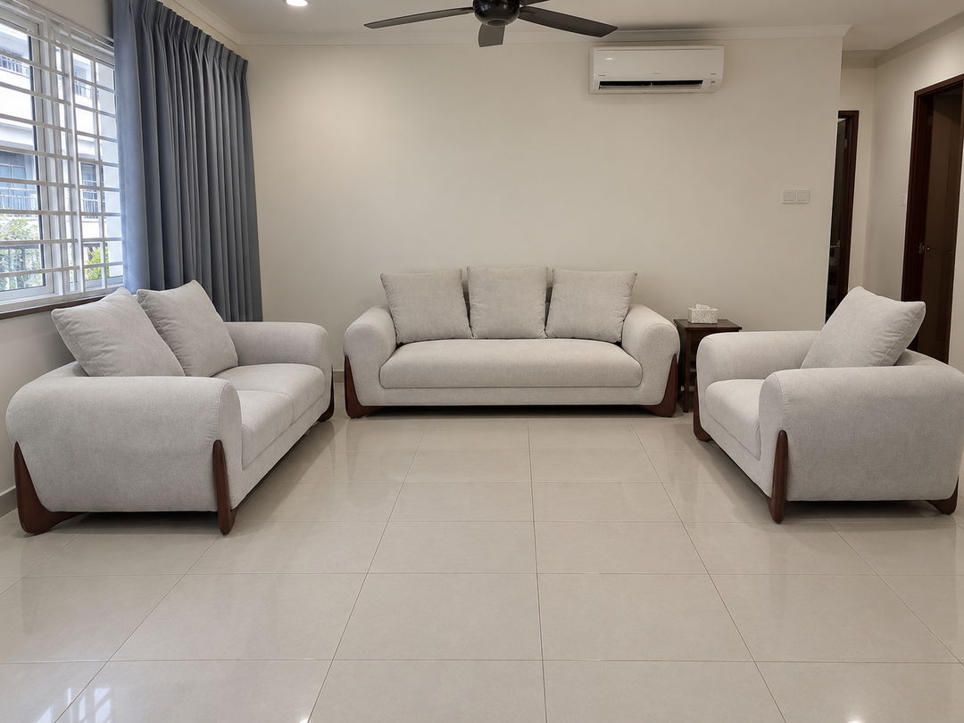 Complete 1+2+3 fabric sofa set in a Malaysian living room