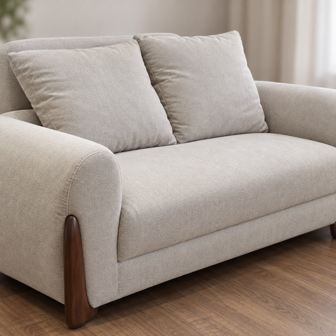 Plain fabric upholstery, loose back cushions and bench seat