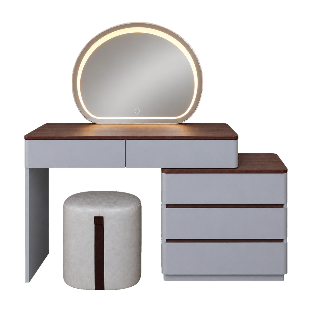 Grey dressing table with LED mirror, five storage drawers and stool – transparent hero