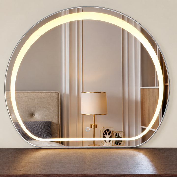 LED mirror detail on grey dressing table