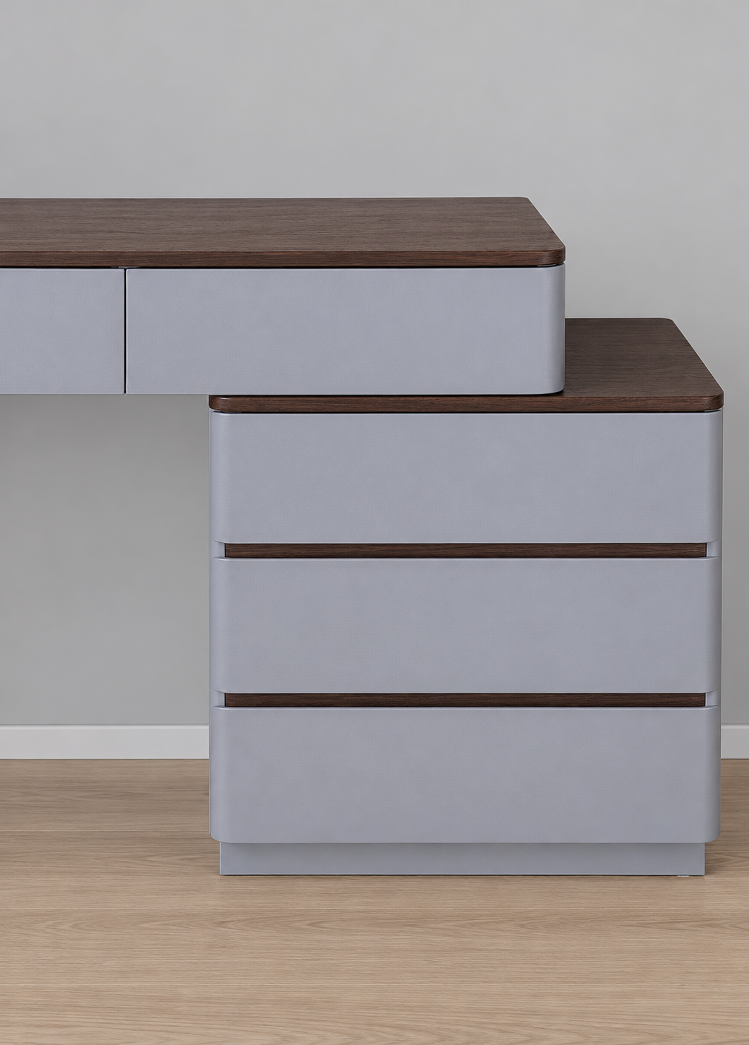 Two vanity drawers and three side-cabinet drawers