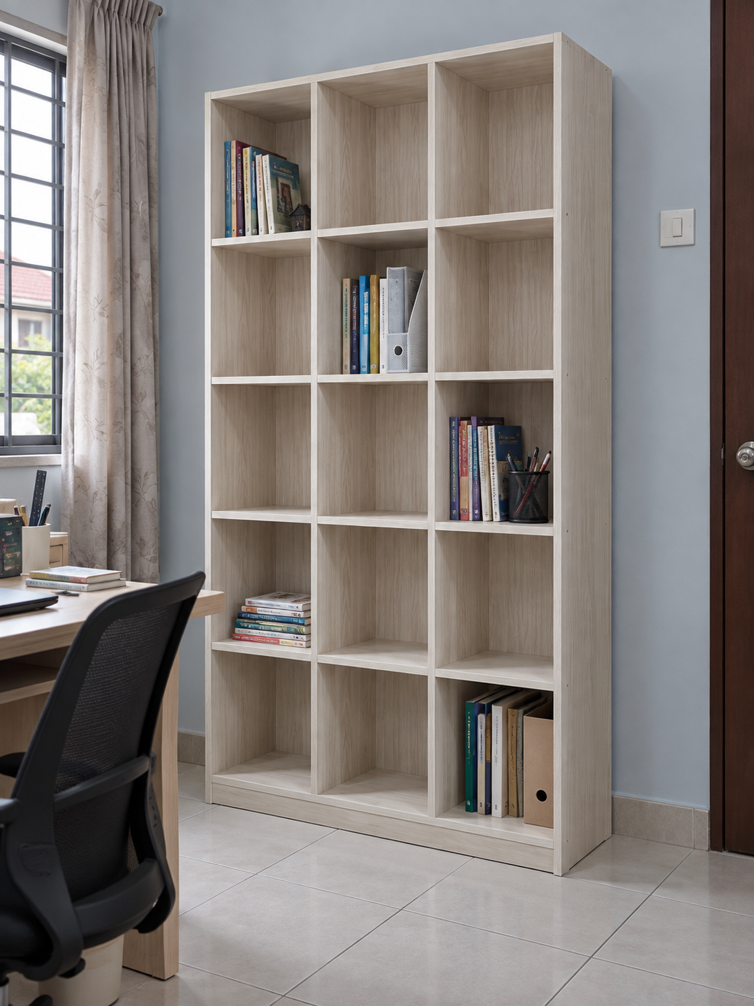 BAYU 15-Compartment Bookshelf - White Wash - lifestyle
