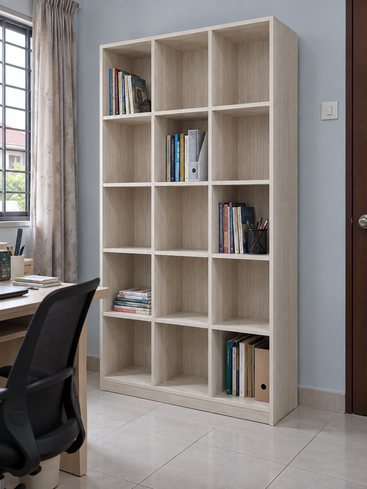 BAYU 15-Compartment Bookshelf - White Wash - lifestyle