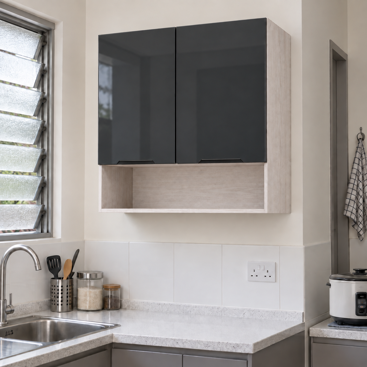Gloss Kitchen Wall Cabinet with Open Shelves – 80 cm, lifestyle view