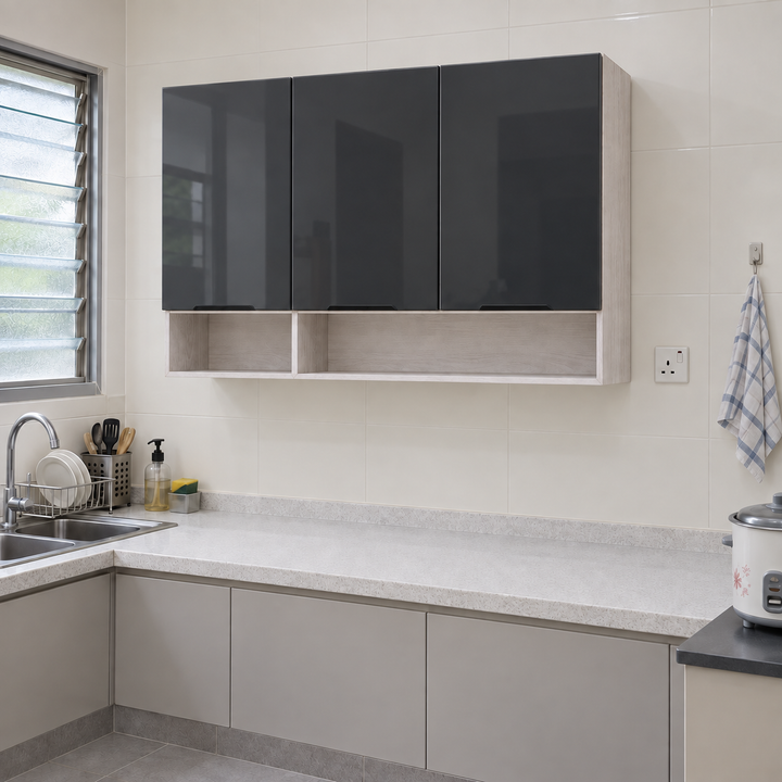 Gloss Kitchen Wall Cabinet with Open Shelves – 120 cm, lifestyle view