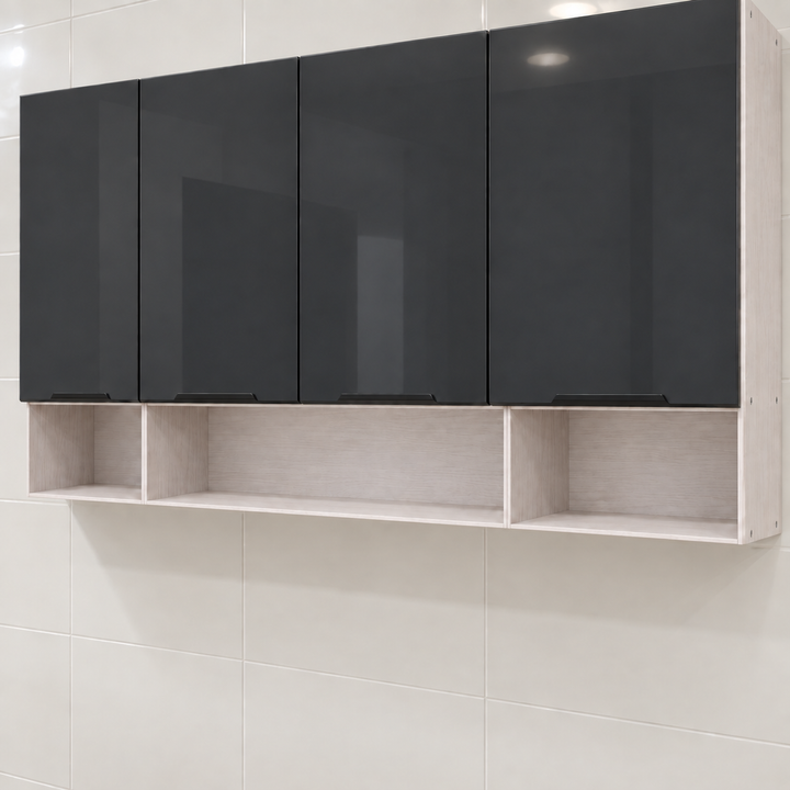 Gloss Kitchen Wall Cabinet with Open Shelves – 160 cm, feature view