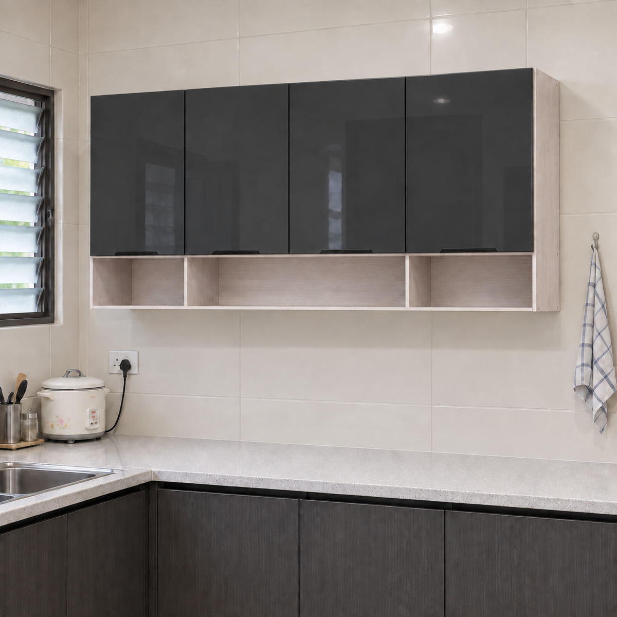 Gloss Kitchen Wall Cabinet with Open Shelves – 160 cm, lifestyle view