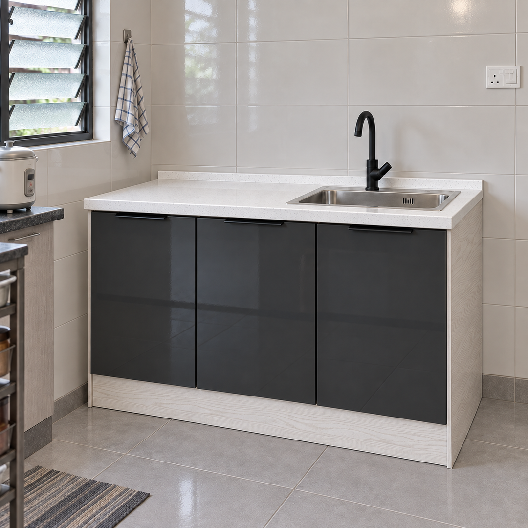 Gloss Kitchen Sink Cabinet – 120 cm, right sink, lifestyle view