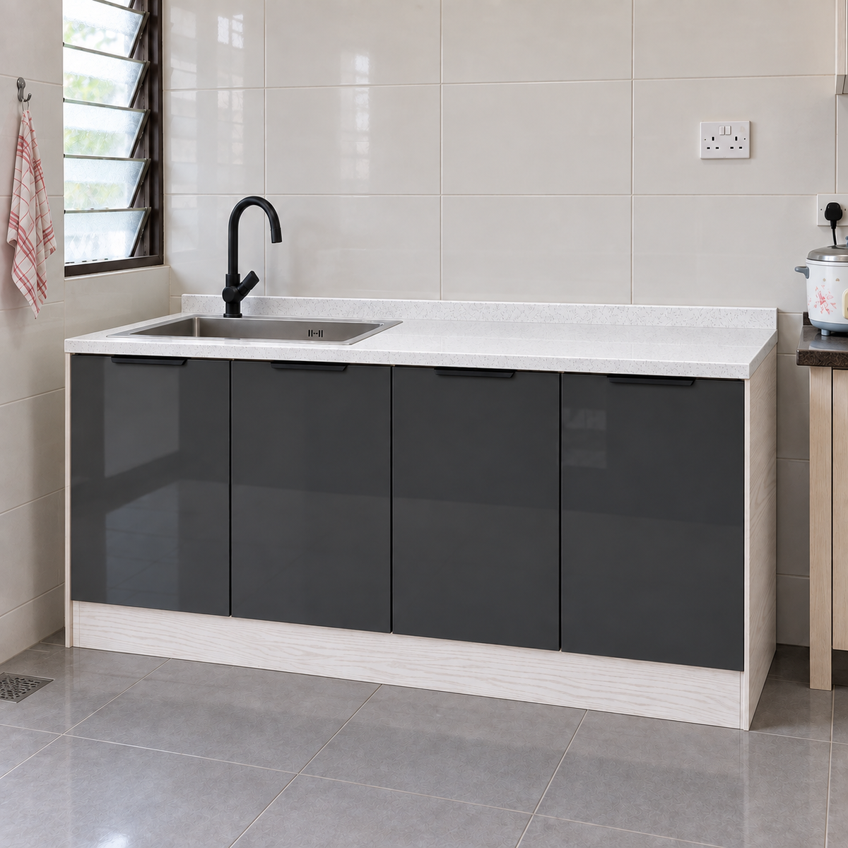 Gloss Kitchen Sink Cabinet – 160 cm, left sink, lifestyle view