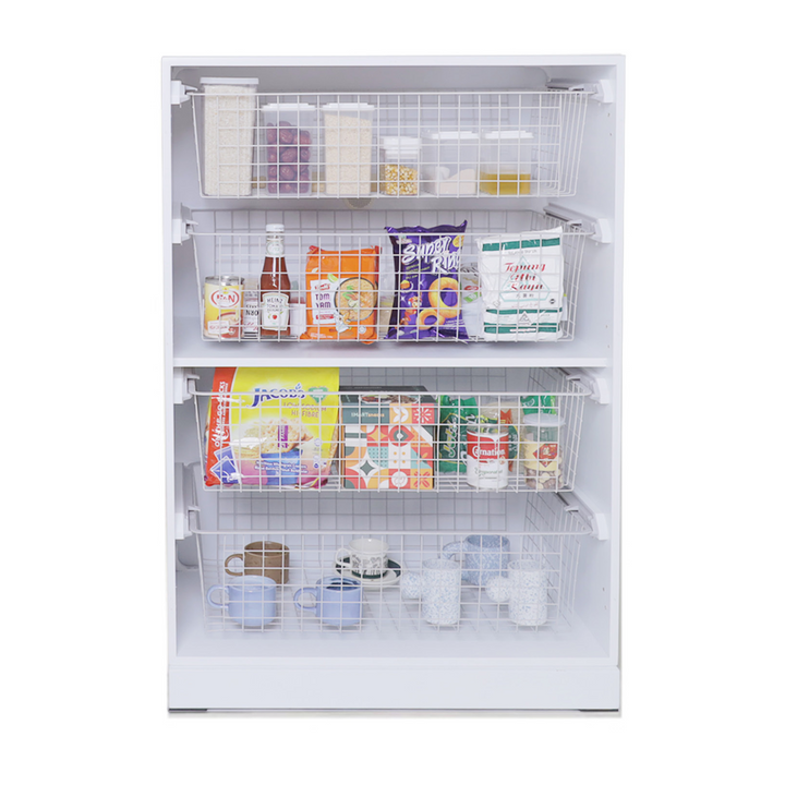 BIANCA Low Storage Cabinet with all pull-out baskets open, filled with pantry items